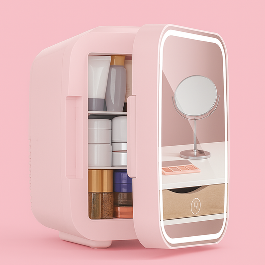 GlowChill 5L Skincare Mini Fridge with LED Mirror | Cooler & Warmer Beauty Fridge, White